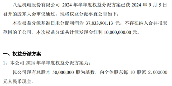 八达机泛亚电竞电2024年半年度权益分派每10股派现2元 共计派发现金红利1000万元(图1)